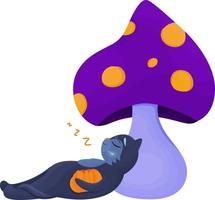 svart katt sovande med pumpa under svamp, magi svamp, halloween ClipArt vektor