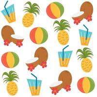 söt trendig sommartid sömlös vektor mönster bakgrund illustration med tropisk cocktail, ananas, kokosnötter och hibiskus blommor