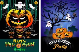 Halloween Party Hintergrund mit Grusel Design. Halloween Party Poster, glücklich Halloween Rabatt Verkauf Podium Banner mit Laterne Kürbis. Halloween Nacht Vektor Illustration mit Schläger Spinnen Geist.