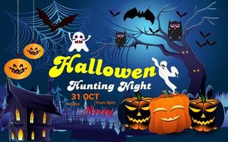 halloween fest baner med Skräck design. halloween fest affisch, Lycklig halloween rabatt försäljning podium baner med lykta pumpa. halloween natt vektor illustration med fladdermus spindlar spöke.