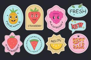 häftig klistermärken frukt och text. tecknad serie jordgubb och vattenmelon för affär. vektor