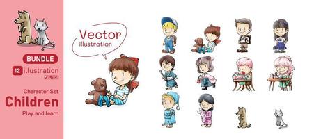 barn tecknad serie karaktär uppsättning bunt vektor illustration krita stil