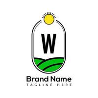 Landwirtschaft Vorlage auf w Brief. Ackerland Logo, Agro Bauernhof, Öko Bauernhof Logo Design mit Sonne Symbol Konzept vektor