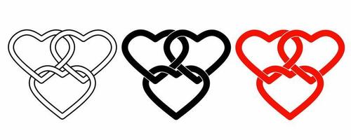 översikt silhuett tre hjärta länkad ikon uppsättning isolerat på vit bakgrund vektor
