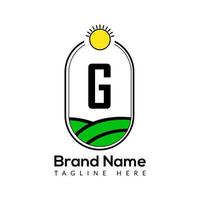 Landwirtschaft Vorlage auf G Brief. Ackerland Logo, Agro Bauernhof, Öko Bauernhof Logo Design mit Sonne Symbol Konzept vektor