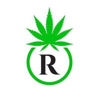 cannabis logotyp tecken begrepp r alfabet symbol för terapi, medicinsk och hälsa vård och marijuana logotyp. vektor