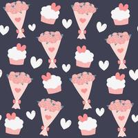 süß schön nahtlos Vektor Muster Hintergrund Illustration mit Rosen Blumen- Strauß, Cupcakes und Herzen