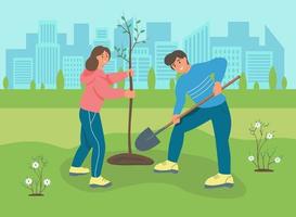 en ung man och kvinna som planterar ett träd i parken vektor