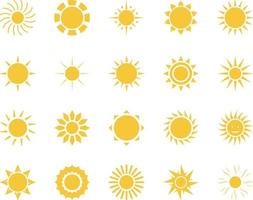 Sonne. Sommer- Zeit Symbol Satz. einstellen von Gelb Symbole von das Sonne, isoliert auf Weiß Hintergrund . vektor