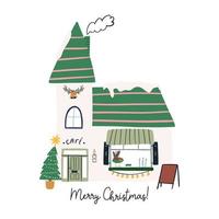 jul Semester hälsning kort med söt hand dragen hus, tecknad serie platt vektor illustration isolerat på vit bakgrund. vinter- dekor element - fe- lampor, snö på tak, jul träd.