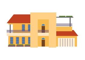 Luxus zwei Geschichte Haus mit Garage, bedeckt und öffnen Balkon, und Pflanzen. ein Haus mit Gelb malen. geeignet zum Eigentum Infografik. vektor