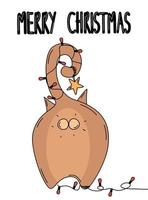 süß Karikatur Ferien Karikatur Vektor Karte Illustration mit Katze und Weihnachten Baum Beleuchtung und Hand gezeichnet Beschriftung fröhlich Weihnachten Text