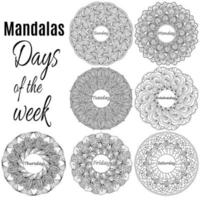 einstellen von Mandalas Tage von das Woche, meditativ Färbung Seiten zum das ganze Woche mit aufwendig Muster vektor