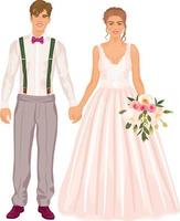 brud och brudgum innehav händer, varelse Lycklig. ung man och kvinna i modern bröllop kostymer. vektor