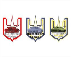 uppsättning av årgång militär emblem. armerad tank märken och logotyp. färgrik vektor illustration isolerat på vit bakgrund.