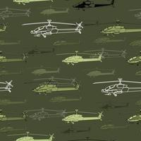 nahtlos Muster. ein Menge von Militär- Hubschrauber. Hintergrund mit Kampf Fahrzeug. bunt Vektor Illustration isoliert auf Grün Hintergrund.