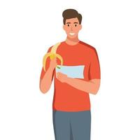 Ein junger Mann hält eine Banane. flache Karikaturvektorillustration lokalisiert auf einem weißen Hintergrund. das Konzept der richtigen Ernährung, Ernährung, vegan vektor