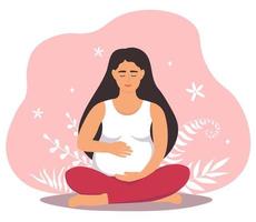 ein schwanger glücklich Frau ist Sitzung im das Lotus Position, halten ein groß Bauch mit ihr Hände. weiblich ist erwarten ein Baby. Vektor eben Grafik.