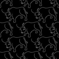 sömlös mönster med tjurar illustration i linje konst stil vit Färg på svart bakgrund vektor