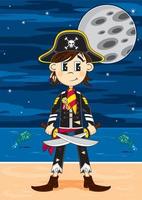 söt tecknad serie skrävlande pirat kapten med svärd på de strand förbi månsken vektor