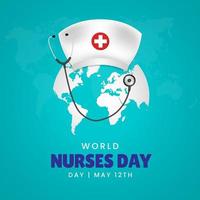 Welt Krankenschwestern Tag kann 12 .. Illustration mit Hut Stethoskop und Globus auf Blau Hintergrund Design vektor
