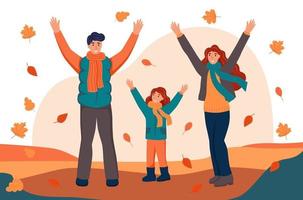 Familie spazieren gehen und Laub im Herbstpark werfen. das Konzept der Familie, Herbst. flache Karikaturvektorillustration. vektor