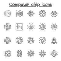 Satz von Computerchip-bezogenen Vektorliniensymbolen. Enthält Symbole wie Schaltung, Hauptplatine, Elektronik, CPU, Prozessor und mehr vektor