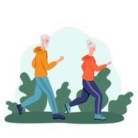 Ein älteres Ehepaar läuft im Park. das Konzept des aktiven Alters, des Sports und des Laufens. Tag der älteren Menschen. flache Karikaturvektorillustration. vektor
