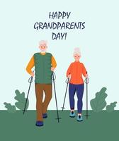 glückliche Großelterntag-Grußkarte. Ein älteres Ehepaar ist mit Nordic Walking beschäftigt. fröhliche Großmutter und Großvater Zeichentrickfiguren. Tag der älteren Menschen. flache Vektorillustration.