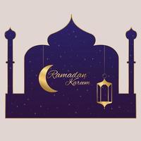 islamic vektor illustration. mall design av ramadan kareem hälsning kort med moské silhuett och med guld måne och lykta.