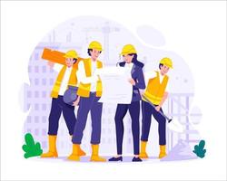Lycklig arbetare dag. konstruktion arbetare arbete tillsammans till bygga en byggnad. arbetskraft dag på 1:a Maj. vektor illustration