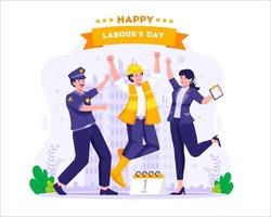 Arbeit Arbeitskräfte sind haben Spaß Springen zusammen glücklich. Arbeiter, Polizist, und weiblich Lehrer feiern Arbeit Tag auf 1 kann vektor