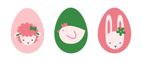 Ostern Eier einstellen mit Dekoration und Ornament. Frühling Urlaub Symbole hell bunt Sammlung. Hase, Eier, Lamm, Huhn, jagen Korb, Blumen Vektor abstrakt Grafik modern eben Illustration.