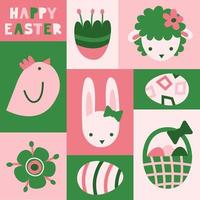 påsk symboler uppsättning affisch. springtime Semester objekt grön rosa samling. kanin, ägg, lamm, kyckling, jaga korg, blommor vektor abstrakt grafisk modern platt illustration.