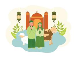 Vektor Design Feier Ramadan und eid Mubarak Familie, beten und geben Karikatur Charakter Illustration Konzept