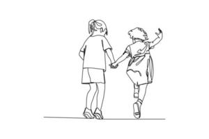 kontinuerlig en linje teckning två flickor spelar innehav händer. barn dag begrepp. enda linje teckning design grafisk vektor illustration