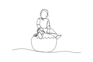 kontinuierlich eine Linie Zeichnung Junge Sitzung auf ein Spielzeug Ballon. Kinder Tag Konzept. Single Linie Zeichnung Design Grafik Vektor Illustration