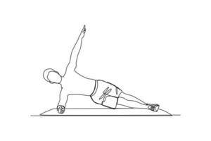 kontinuerlig en linje teckning en man håller på med yoga på Hem. kondition aktivitet begrepp. enda linje teckning design grafisk vektor illustration