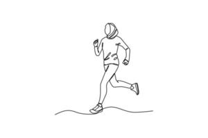enda en linje teckning muslim kvinnor joggning till upprätthålla hälsa. värld hälsa dag begrepp. kontinuerlig linje teckning design grafisk vektor illustration.
