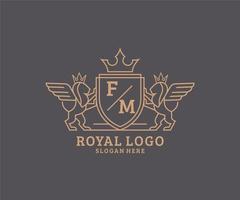 första fm brev lejon kunglig lyx heraldisk, vapen logotyp mall i vektor konst för restaurang, kungligheter, boutique, Kafé, hotell, heraldisk, Smycken, mode och Övrig vektor illustration.
