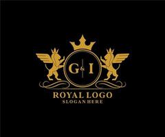 första gi brev lejon kunglig lyx heraldisk, vapen logotyp mall i vektor konst för restaurang, kungligheter, boutique, Kafé, hotell, heraldisk, Smycken, mode och Övrig vektor illustration.