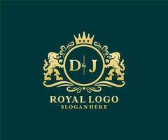 Anfangs-DJ-Buchstabe Lion Royal Luxury Logo-Vorlage in Vektorgrafiken für Restaurant, Lizenzgebühren, Boutique, Café, Hotel, Heraldik, Schmuck, Mode und andere Vektorillustrationen. vektor