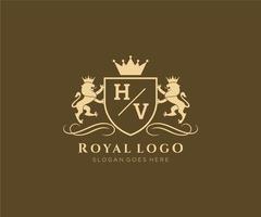 första hv brev lejon kunglig lyx heraldisk, vapen logotyp mall i vektor konst för restaurang, kungligheter, boutique, Kafé, hotell, heraldisk, Smycken, mode och Övrig vektor illustration.