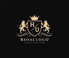 första hu brev lejon kunglig lyx heraldisk, vapen logotyp mall i vektor konst för restaurang, kungligheter, boutique, Kafé, hotell, heraldisk, Smycken, mode och Övrig vektor illustration.