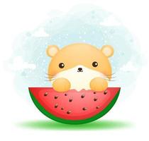 niedlicher Hamster, der Wassermelonen-Karikaturcharakter-Premiumvektor isst vektor