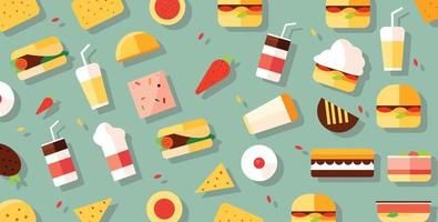 ein bunt und spielerisch Muster mit ikonisch Snacks und Mahlzeiten von Beliebt schnell Essen Ketten vektor