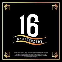 16 Jahr Jahrestag Logo Design Weiß golden abstrakt auf schwarz Hintergrund mit golden Rahmen Vorlage Illustration vektor