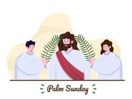 palmsöndagen. Jesus kom in i Jerusalem och folk hälsade på honom med palmblad. Jesus kommer till Jerusalem som kung. kristen religiös helgdag. kristen bibliska berättelse illustration. vektor