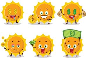 Sonne Karikatur Charakter mit süß Emoticon bringen Geld. vektor