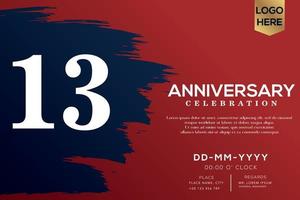 13 år årsdag firande vektor med blå borsta isolerat på röd bakgrund med text mall design